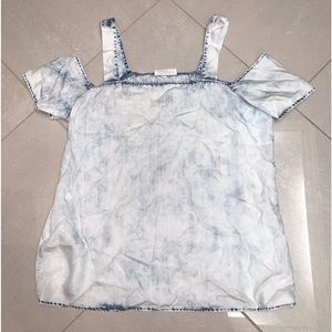 (M) C'isa Blue Washed Jean Pattern Fabric with Cold Shoulder Sleeve Blouse